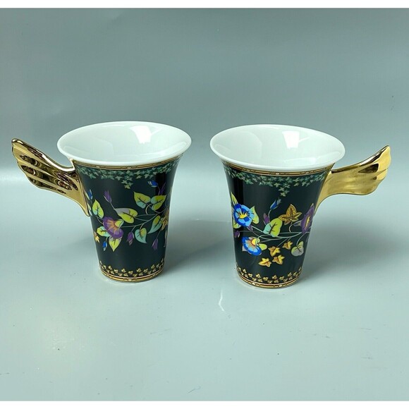 2 Rutherford Gold Ivy Versace Design Coffe Cups Gold Winged Handle - Picture 1 of 11